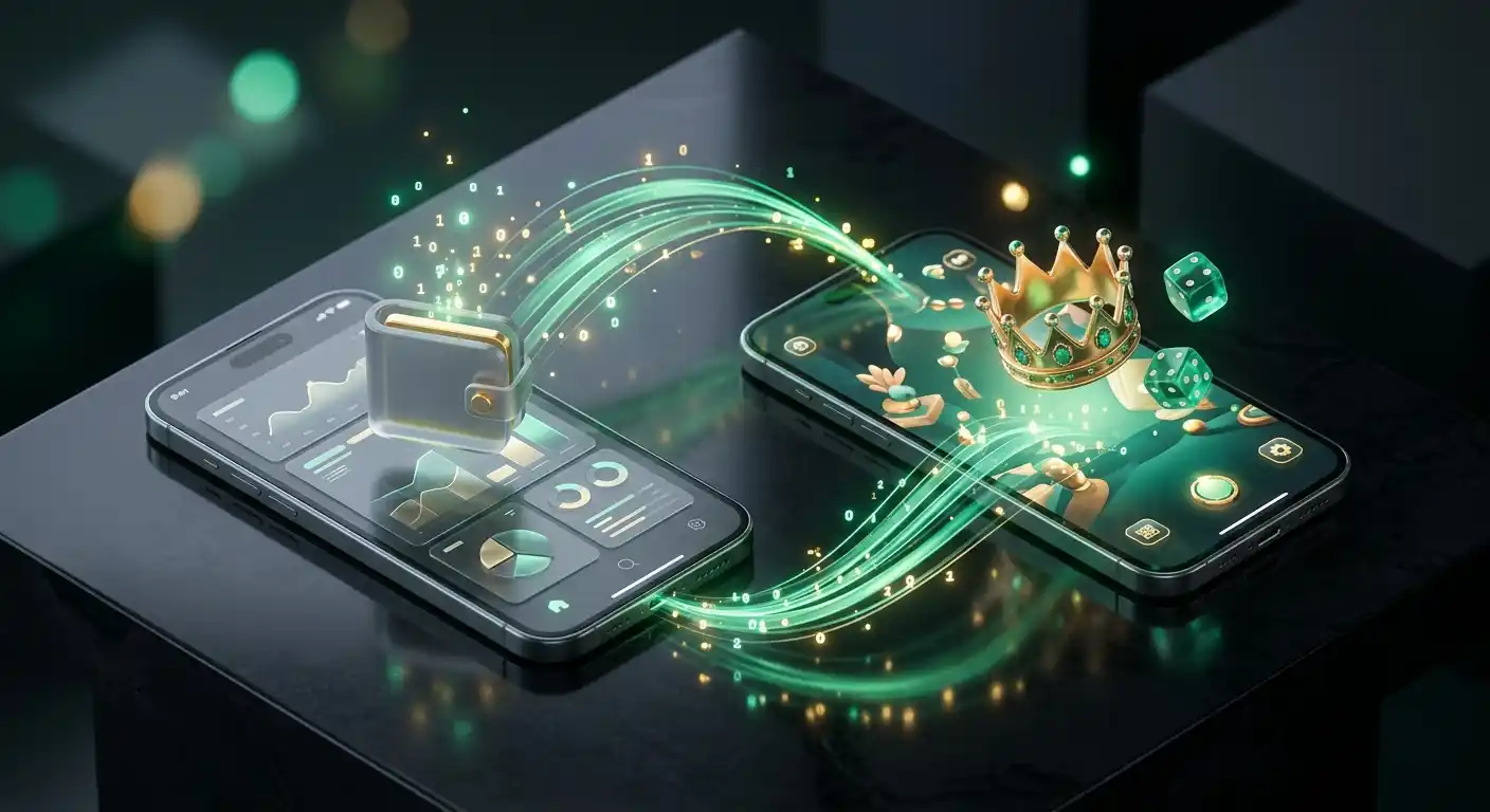 Two casino screens linked by a transition path with wallet and game symbols