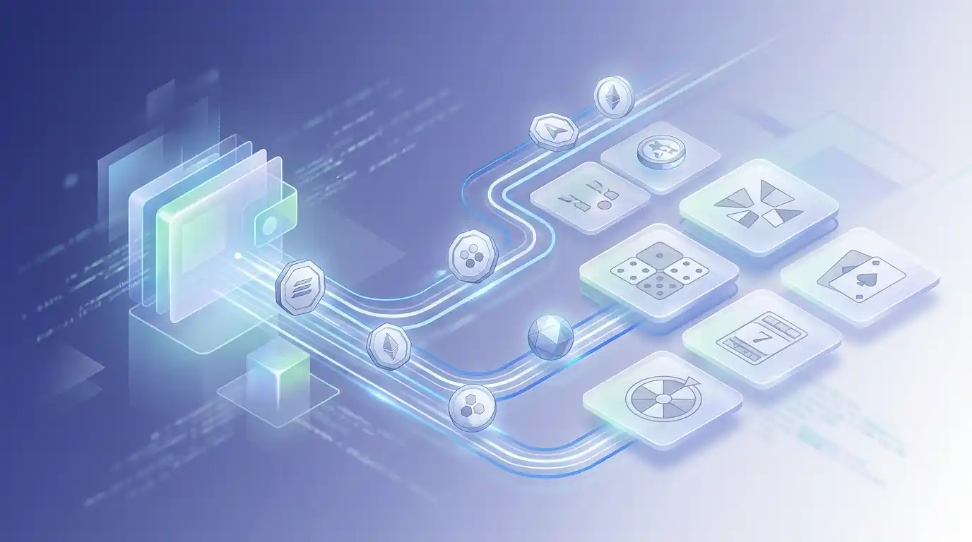 Crypto wallet connected to rows of casino game tiles by blockchain-style rails