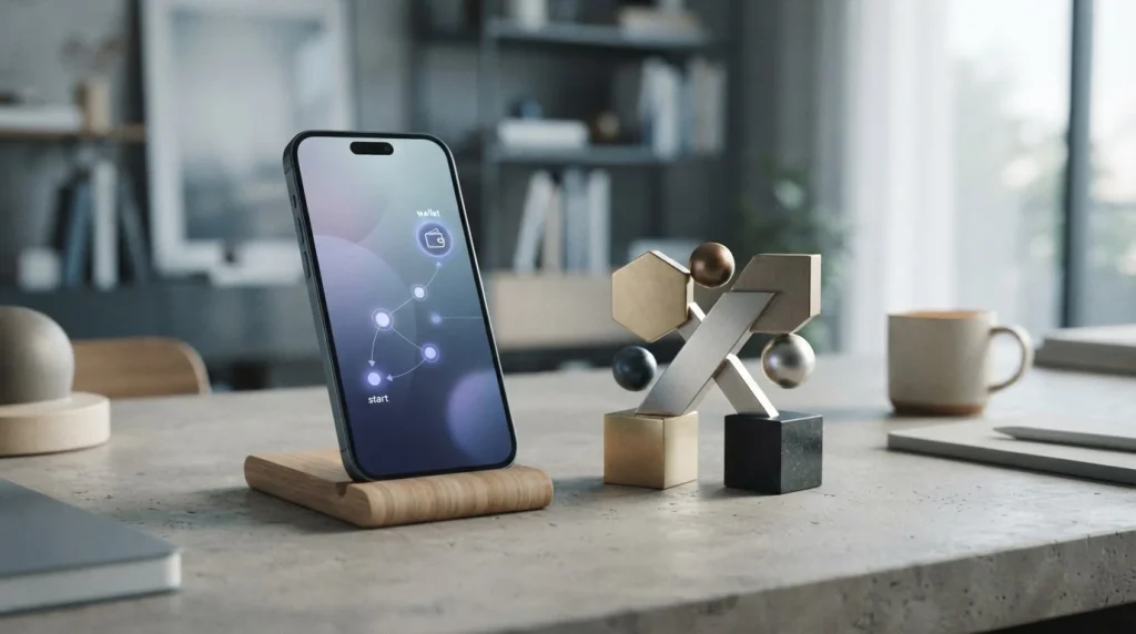 Phone and crypto wallet beside a simple identity-check checkpoint