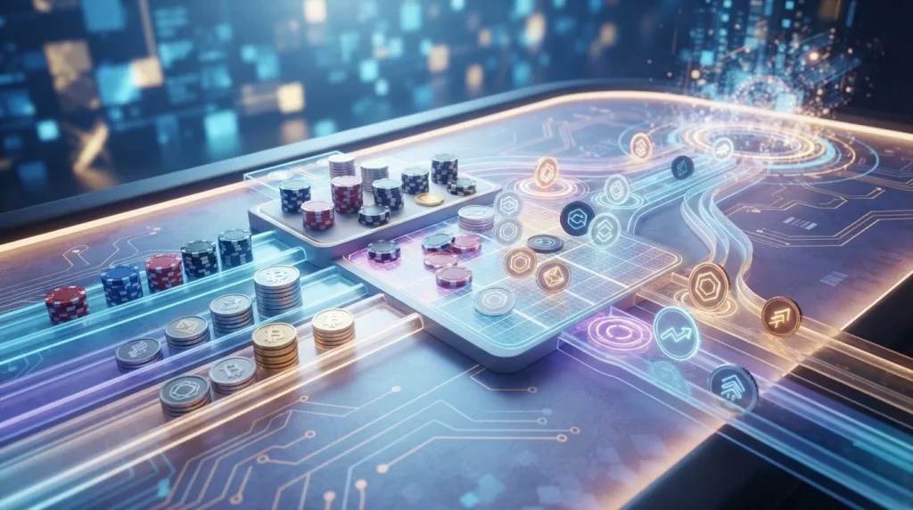 Casino chips moving through a sequence of wagering stages beside a set of crypto tokens