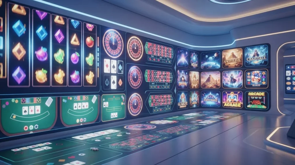 A casino game lobby with slot reels, card tables and roulette-style game tiles arranged across a screen