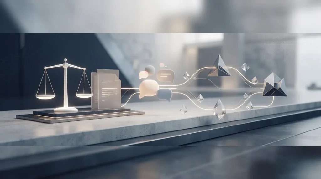 A document, balance scale and support messages connected by branching paths
