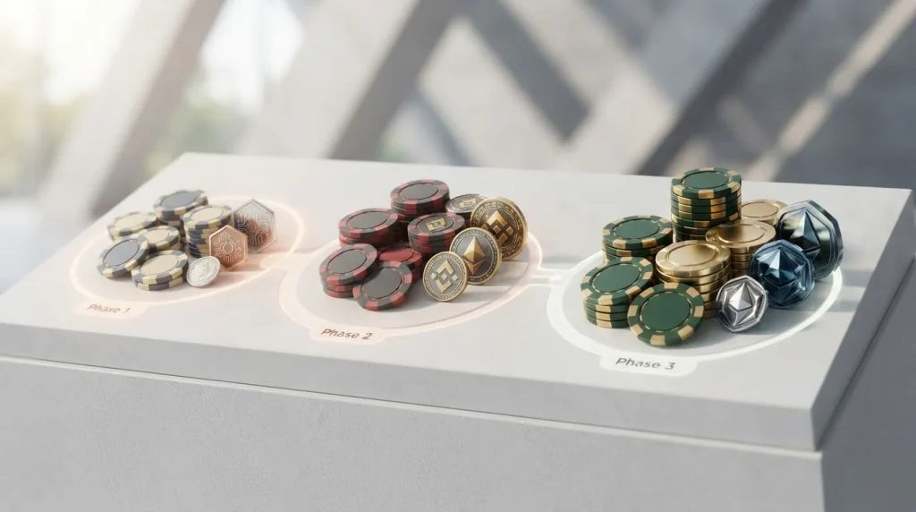 Three connected deposit stages with casino chips building into progressively larger bonus stacks